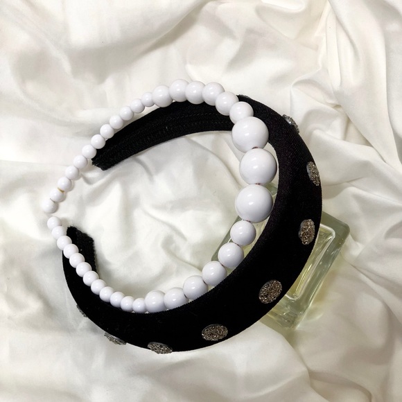 Handmade Black Headband Set white Pearls - Picture 2 of 5